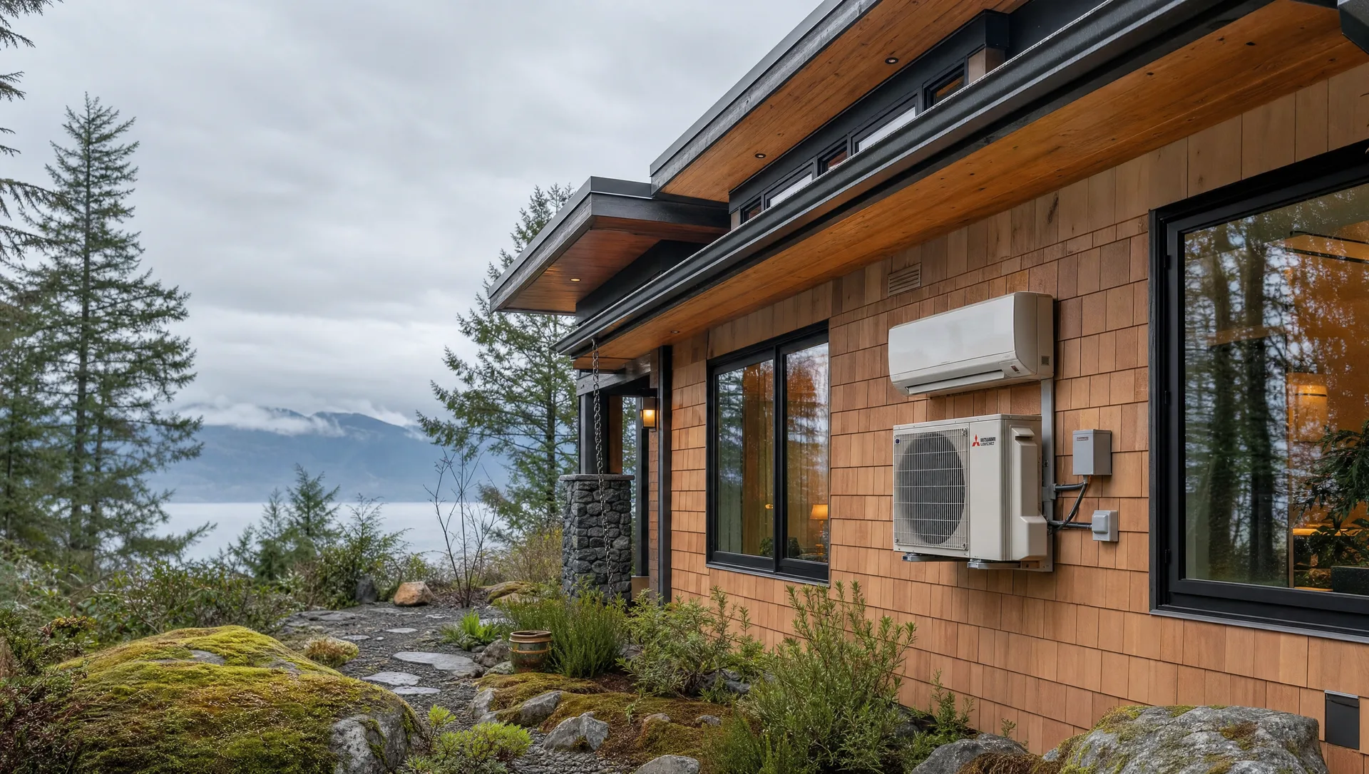 Pacific Northwest coastal home in British Columbia with a ductless heat pump unit installed on the side wall, evergreen trees and overcast coastal sky in the background
