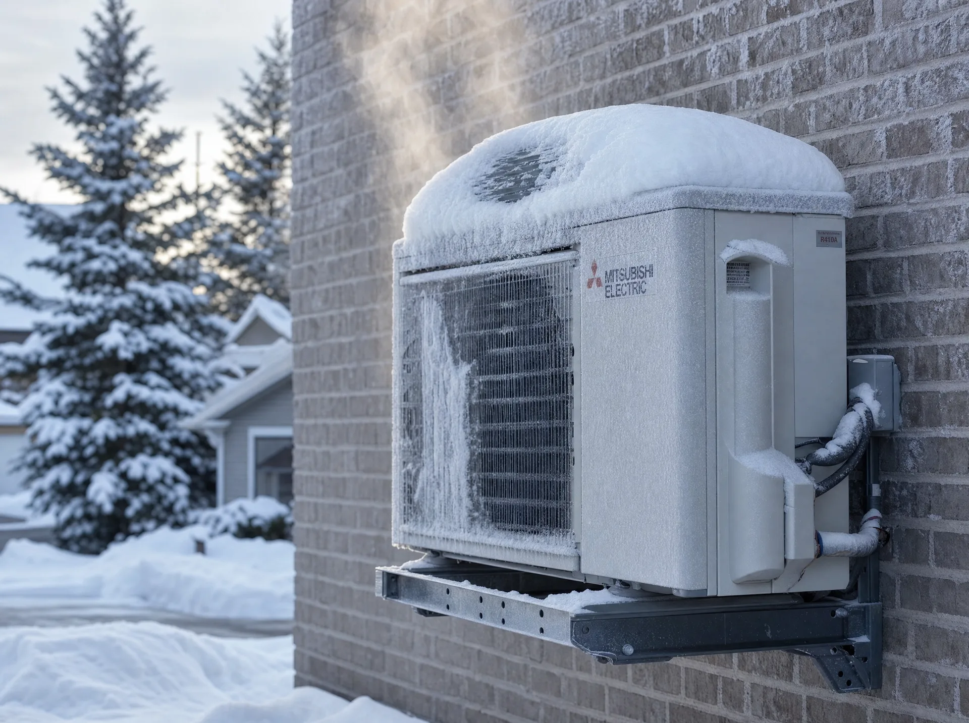 Saskatchewan home with an outdoor cold-climate heat pump compressor operating in heavy snow, defrost-cycle vapour visible — representative of installations across the Canadian prairies
