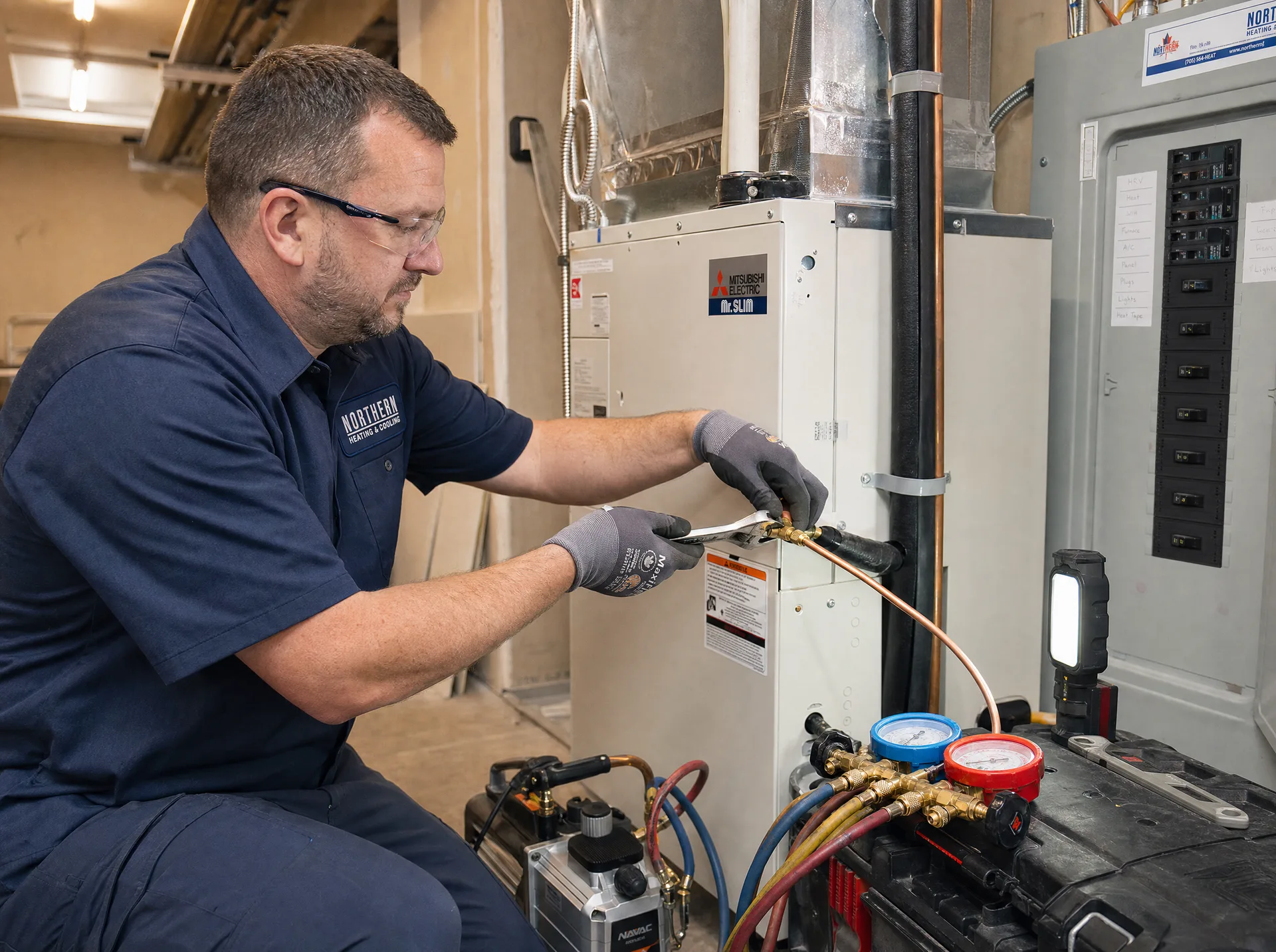 Licensed installer connecting refrigerant lines to a ducted heat pump indoor air handler in a Canadian utility room