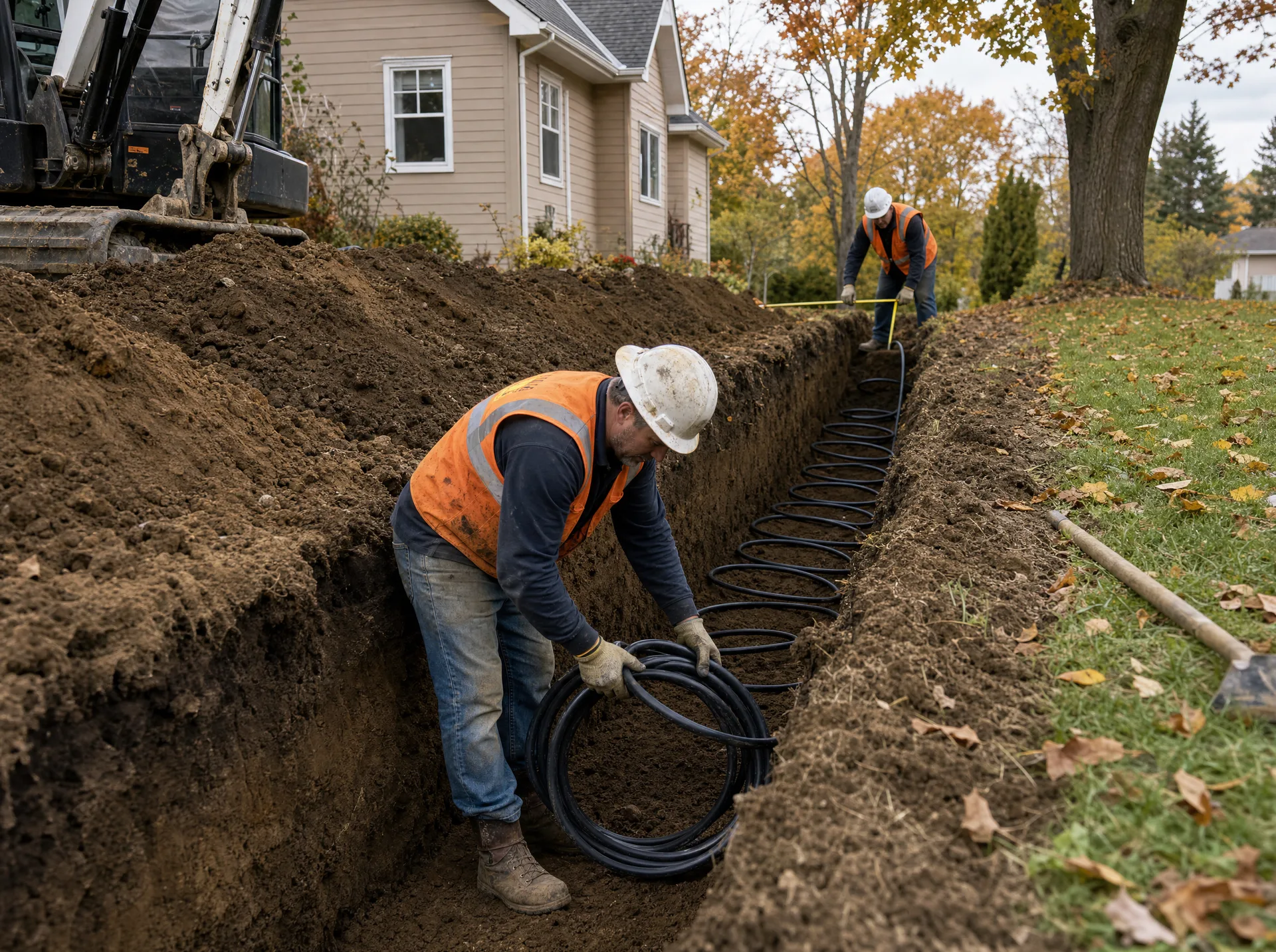 Geothermal installer positioning HDPE ground loop pipe in a trench excavated across a Canadian residential yard