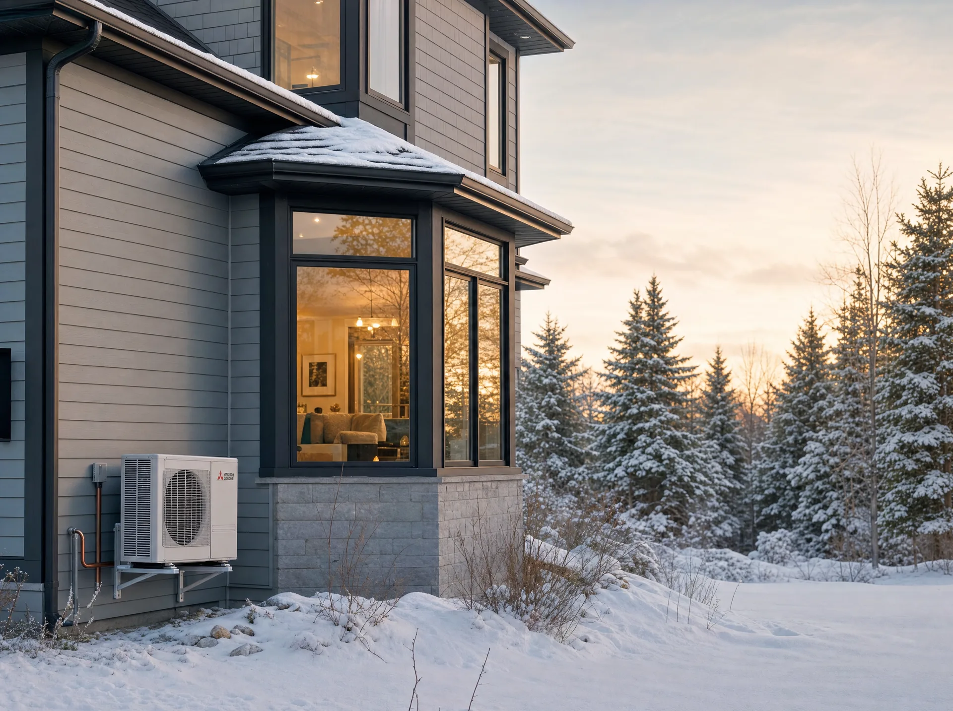 Modern Canadian suburban home in winter with a wall-mounted outdoor heat pump compressor visible on the side of the house