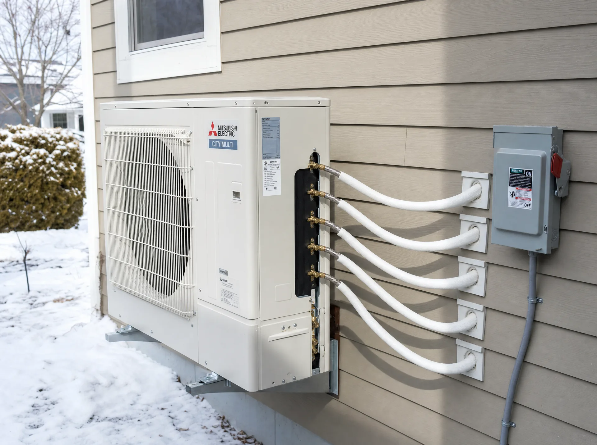 Multi-zone outdoor heat pump compressor with four pairs of insulated refrigerant lines feeding into a Canadian home