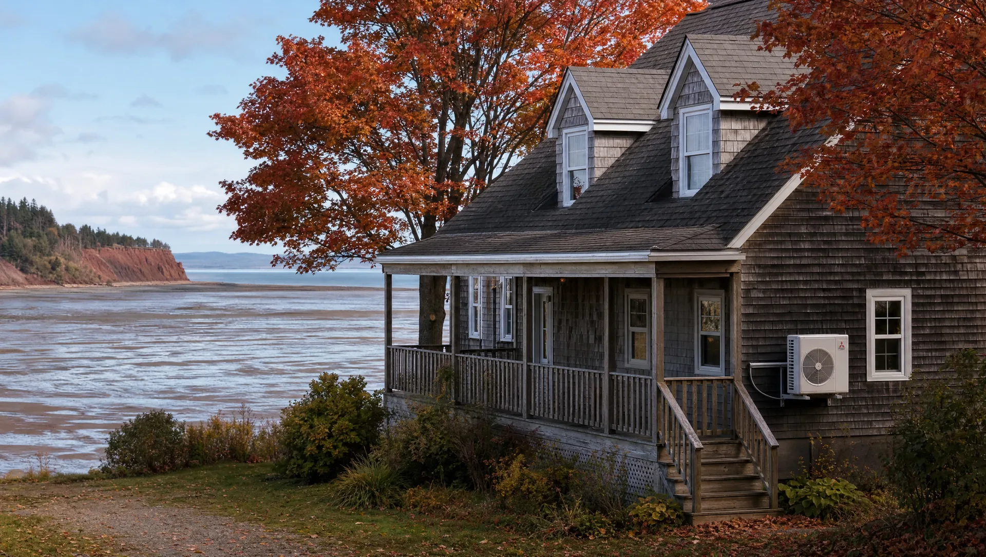 Riverview, NB with a heat pump installed — Petitcodiac River and the Hopewell Rocks (nearby) visible in the scene