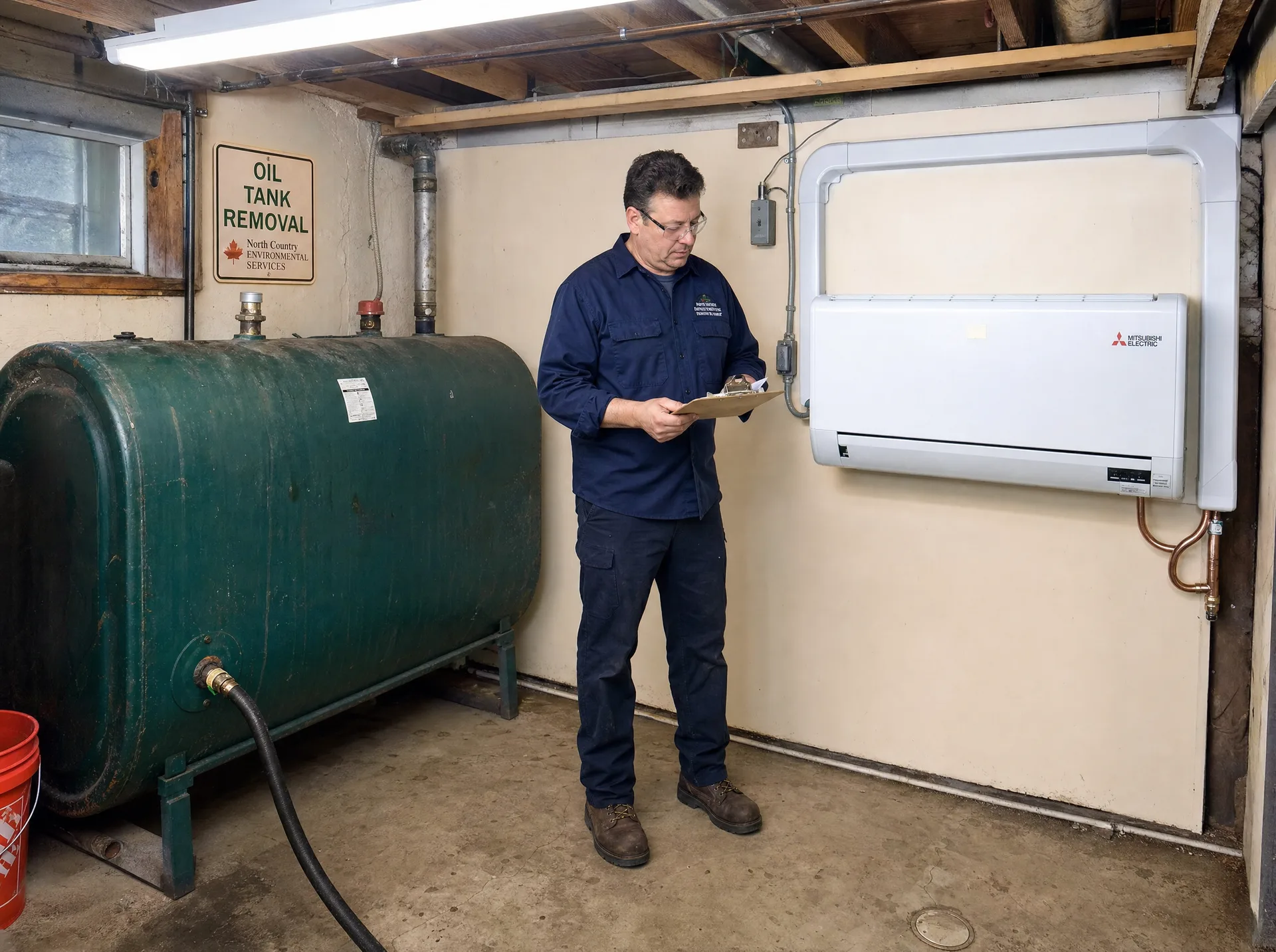 Atlantic-Canadian home in Newfoundland and Labrador undergoing an oil-to-heat-pump conversion: old oil tank being decommissioned beside a newly-installed cold-climate heat pump